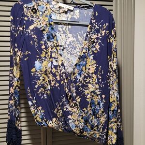 Lovestitch Floral Wrap Blouse - Navy and Yellow